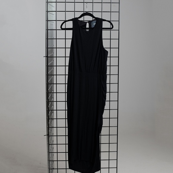 Maeve Black Ruched Side Slit Midi Dress Anthro M - Picture 3 of 5